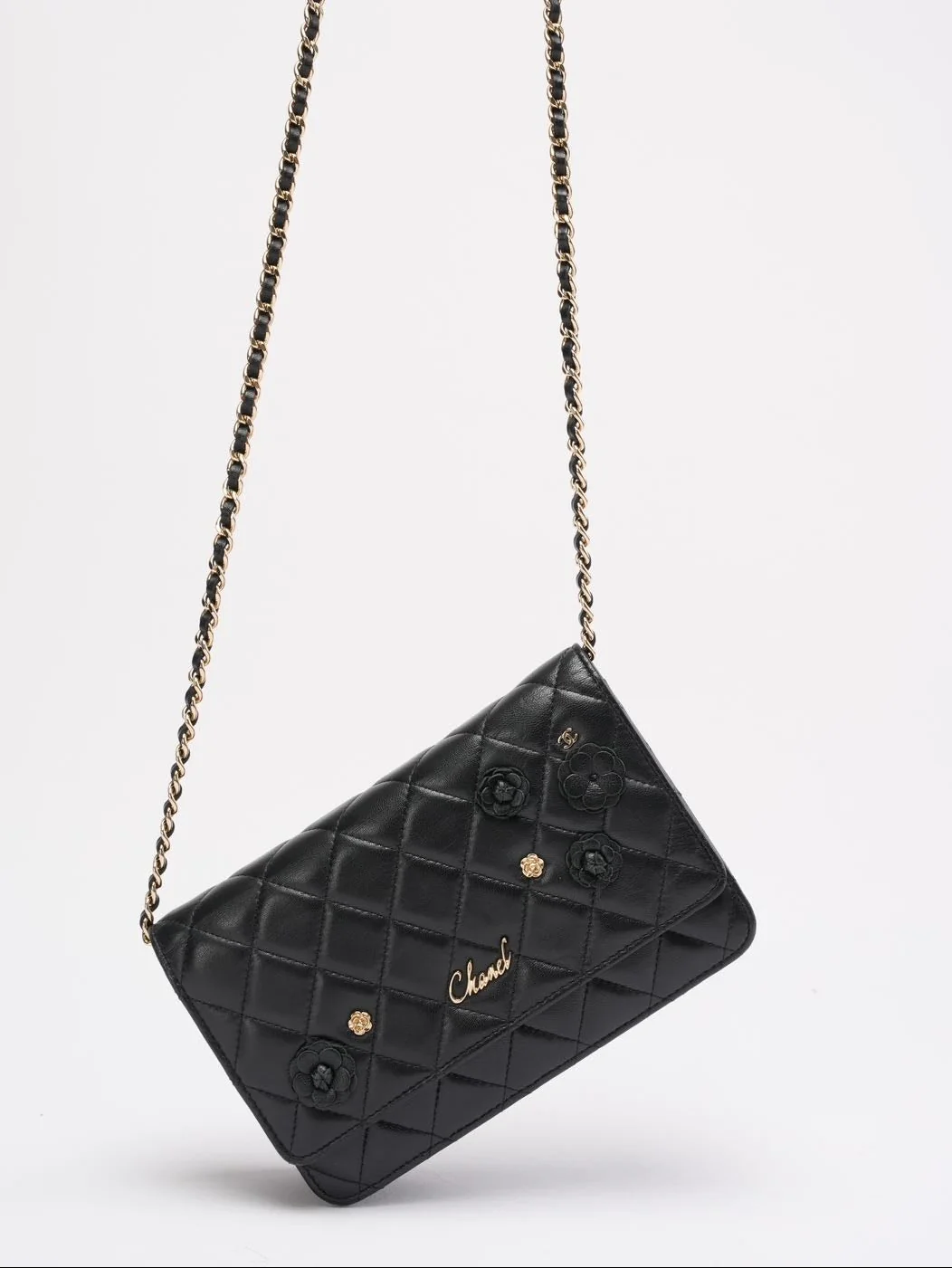Chanel Wallet on Chain Black with Camélia Charms 2019