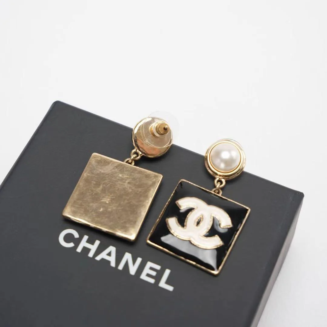 Chanel Metal Resin Pearl Square CC Drop Earrings Gold Black White