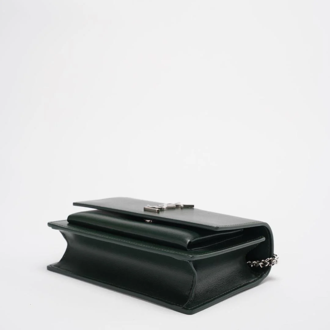 Saint Laurent Sunset Wallet on Chain Mini Olive Green with Silver Tone Hardware