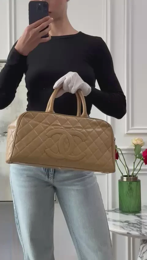 Chanel Vintage Bowler Handbag Beige Caviar Leather
