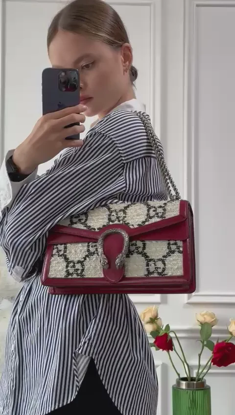 Gucci Tweed Monogram Small Dionysus Shoulder Bag in White/Black/Romantic Cherry