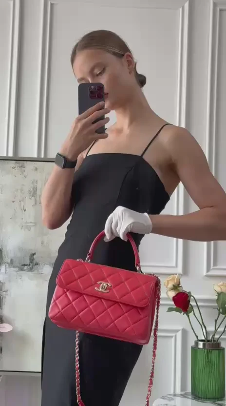 Chanel Red Small Trendy CC Bag In Lambskin Leather With Champagne Gold Hardware