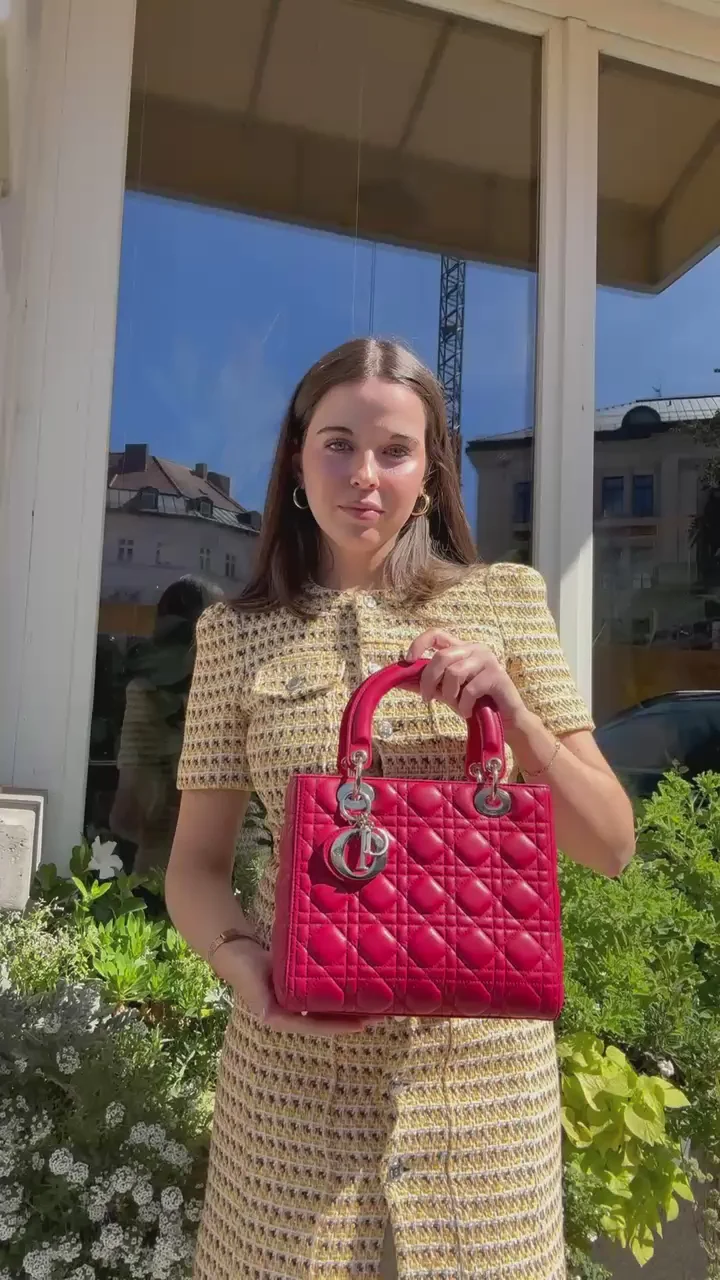 Christian Dior Red Medium Lady Dior Bag in Cannage Lambskin Leather with Gold Hardware