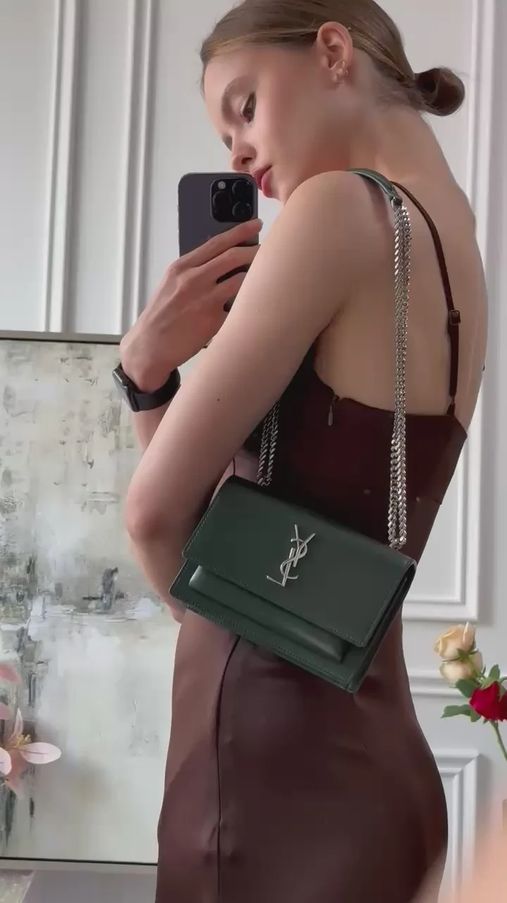 Saint Laurent Sunset Wallet on Chain Mini Olive Green with Silver Tone Hardware