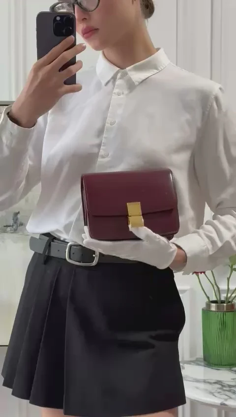 Celine Burgundy Classic Box Small Leather Shoulder Bag