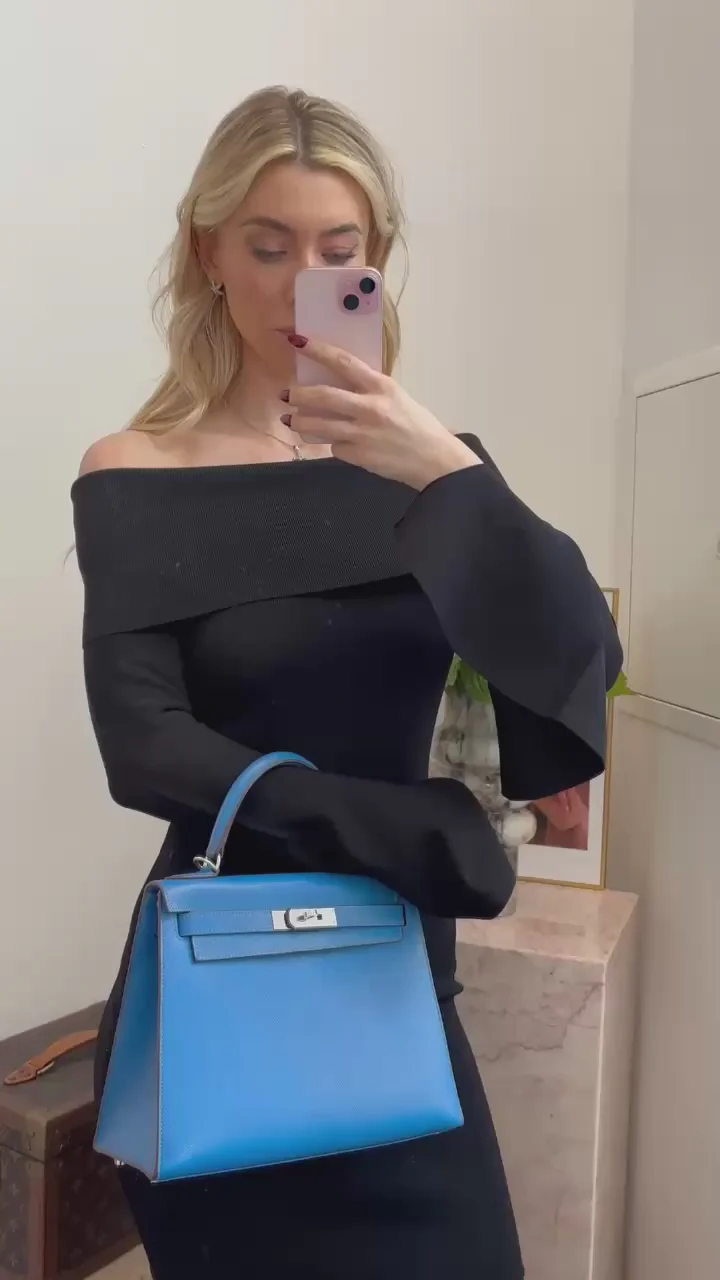 Hermes Kelly 28cm Sellier Bag In Blue Epsom Leather With Silver Hardware