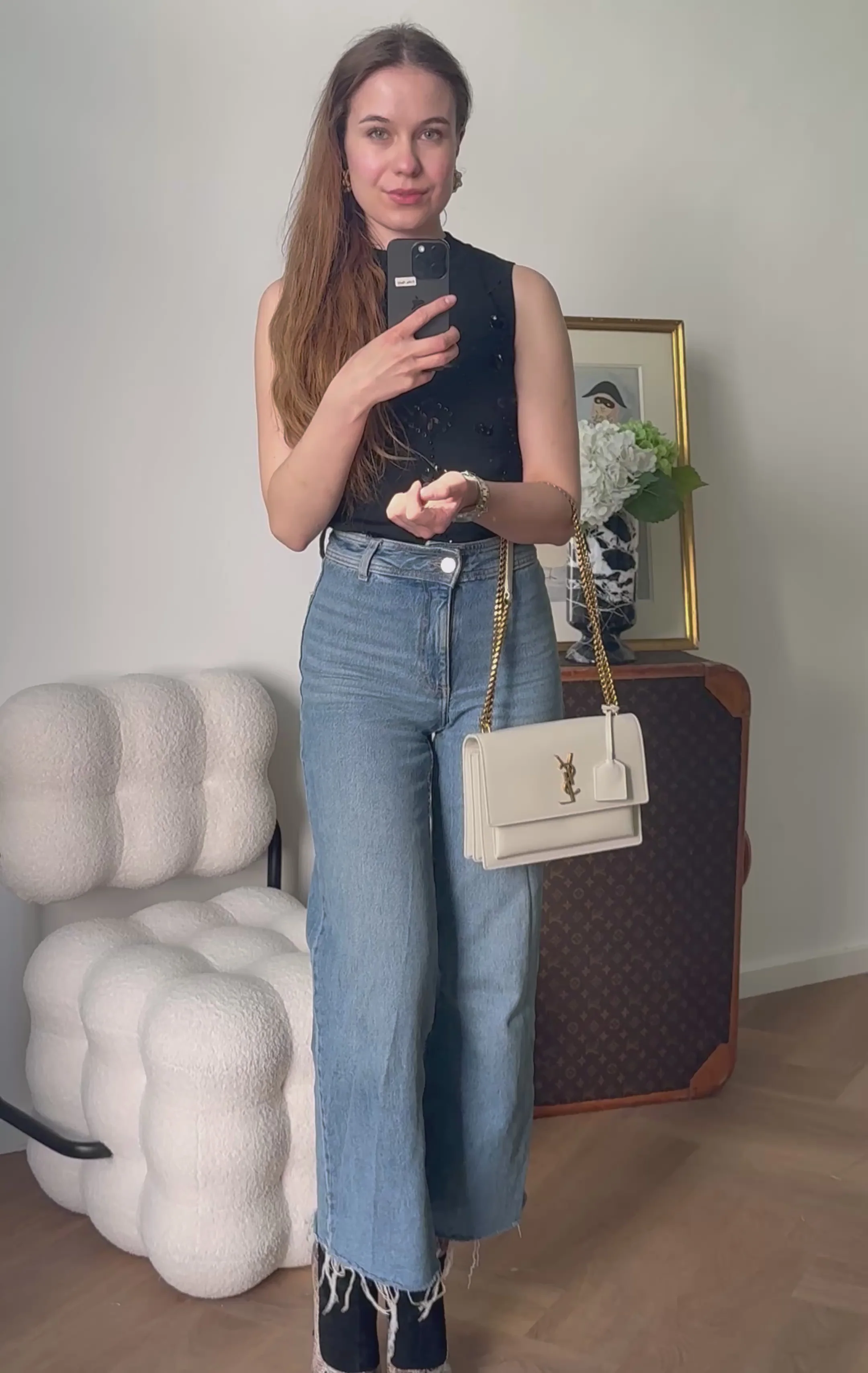 Saint Laurent Sunset Medium Bag in White Blanc  Calfskin with Gold Hardware