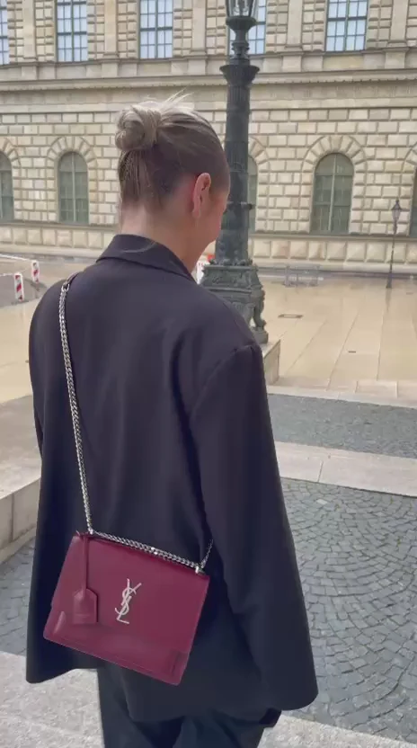 Saint Laurent Sunset Bag Burgundy Box Leder with Silver Hardware Medium