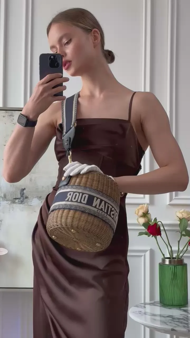 Dior Dioriviera Bucket Bag in Wicker and Blue Canvas With Gold Hardware