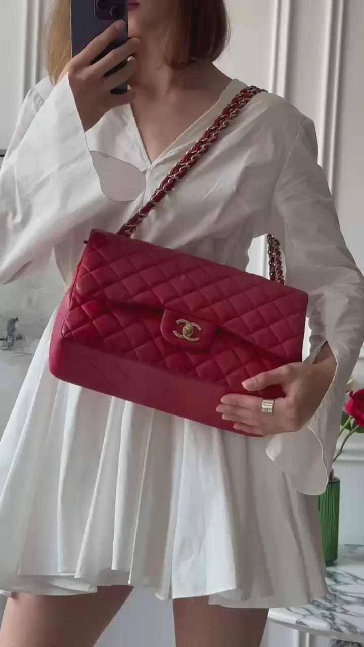 Chanel Timeless Classic Double Flap Jumbo Bag Red Lambskin Preloved
