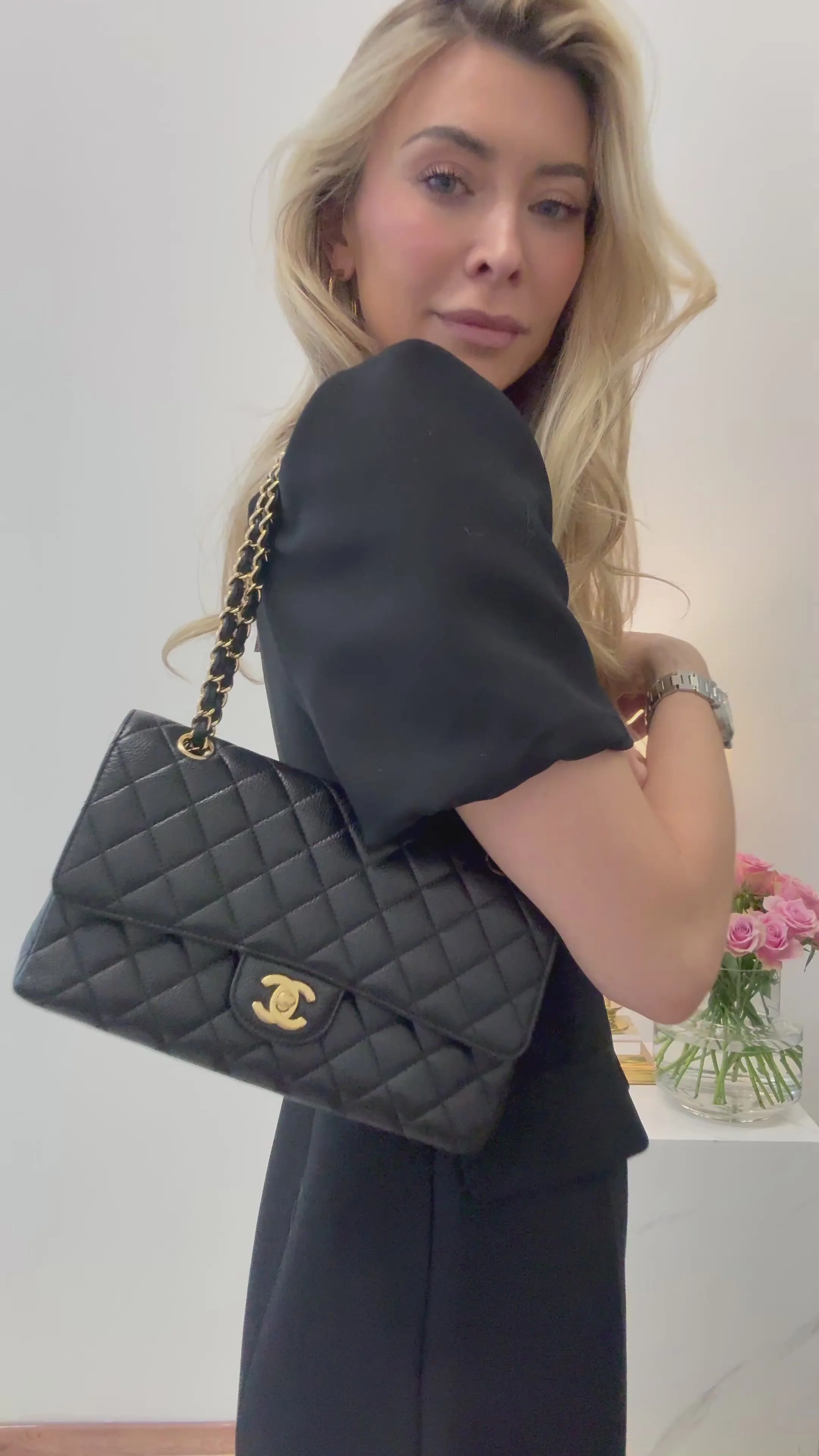 Chanel Black Medium Classic Double Flap Quilted Caviar 2016