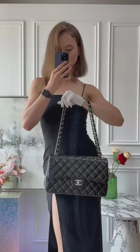 Chanel Classic Flap Bag Lambskin Black Bag Jumbo in Silver Hardware